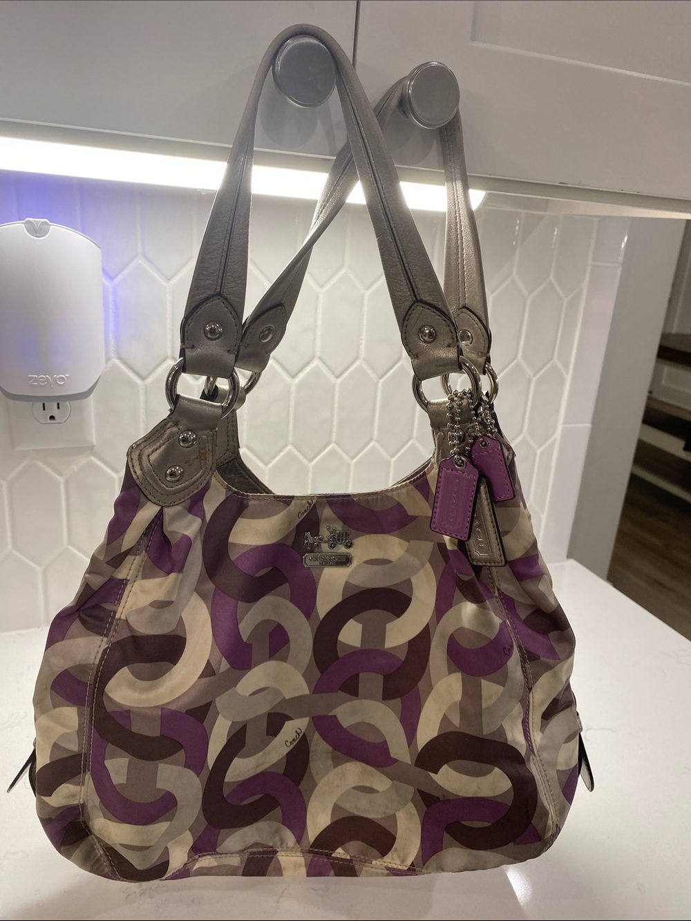 Coach Madison Optic Chain-Link Print Maggie Shoulder Bag in Purple and Taupe ✨